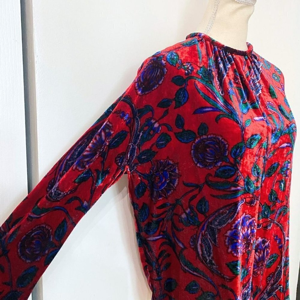 SANDRO PARIS RED BLUE GREEN FLORAL VELVET LONG TEE PULLOVER TOP - S (SIZE 1) - Picture 5 of 12